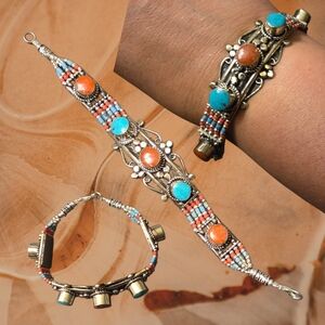 Vintage Tibetan Turquoise & Coral Beaded Silver-Tone Bracelet - Women Jewelry